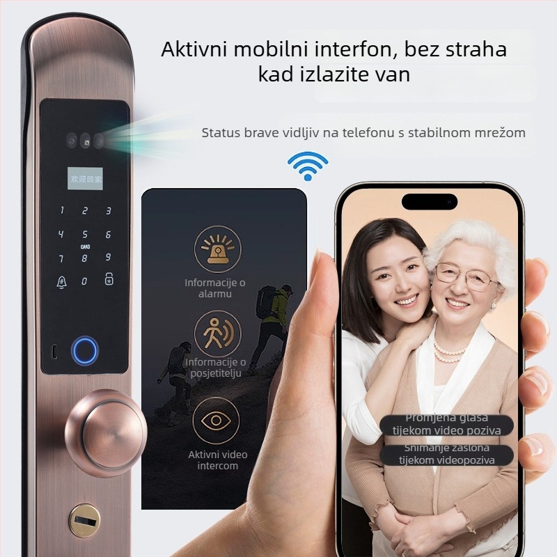 Pametna brava za vrata s 3D prepoznavanjem lica i otiska prsta; 100 otisaka; 200000 otključavanja; skeniranje 0,01 s; FAR 0,01%; FRR 0,01%