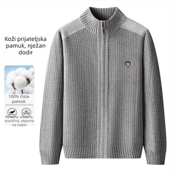 Muški pamučni kardigan sa stojećim ovratnikom, ležernog kroja, dugi rukav, 100% pamuk, Zima 2024