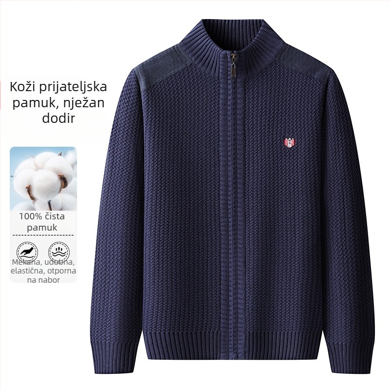 Muški pamučni kardigan sa stojećim ovratnikom, ležernog kroja, dugi rukav, 100% pamuk, Zima 2024