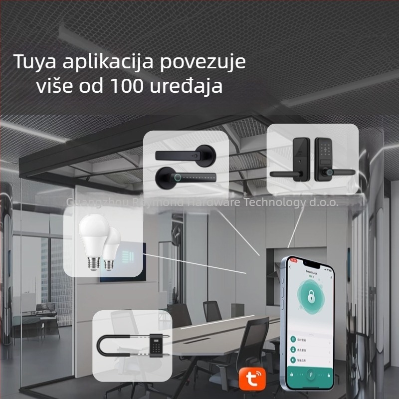 Unutarnji pametni brava za drvena vrata s otiskom prsta, lozinkom, karticom i daljinskim otključavanjem; kapacitet pohrane otisaka prstiju 100; do 100000 otključavanja; vrijeme skeniranja <0,3 s; lažno prihvaćanje <0,0014%; radna temperatura -25°C do 70°C.