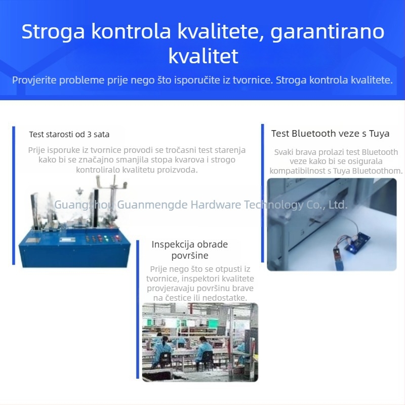 Unutarnji pametni brava za drvena vrata s otiskom prsta, lozinkom, karticom i daljinskim otključavanjem; kapacitet pohrane otisaka prstiju 100; do 100000 otključavanja; vrijeme skeniranja <0,3 s; lažno prihvaćanje <0,0014%; radna temperatura -25°C do 70°C.
