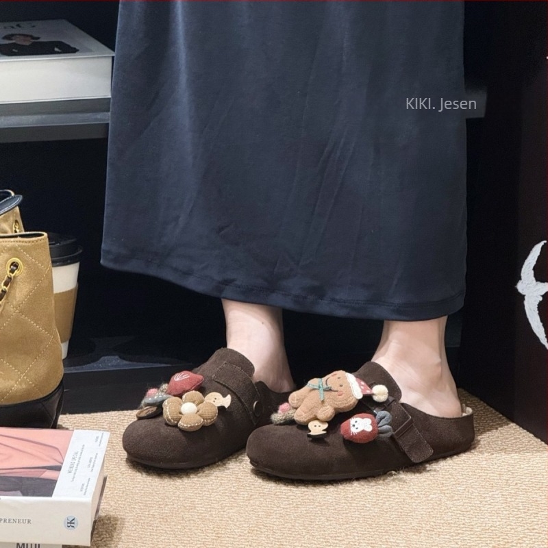 Ženske Birkenstock stil cipele s debelim potplatom, gornji dio teleće nubuk kože, gumeni potplat, karikatura uzorak, povećanje visine 3–5 cm