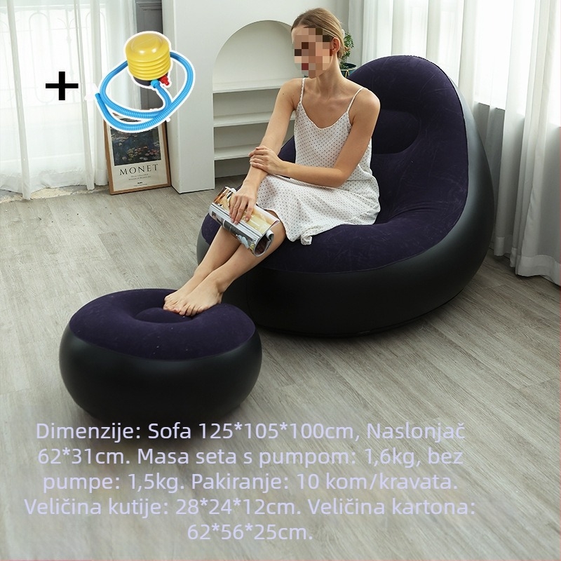 Naduvani kauč s PVC flokiranom površinom; debljina 0,55 mm; težina 1,5 kg; materijal: ekološki PVC; model: PVC naduvani kauč