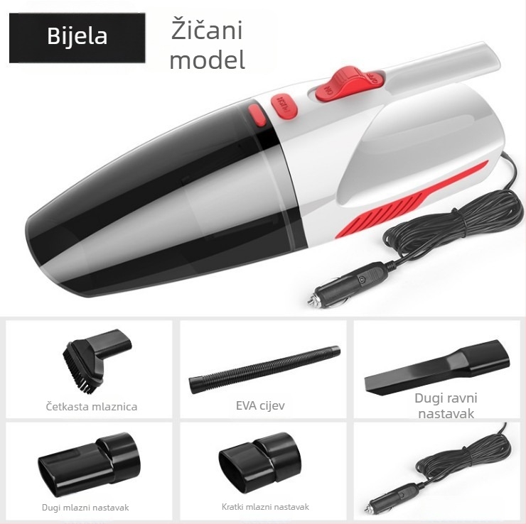 Prijenosni usisavač za automobil za mokro i suho čišćenje, snažan 120W, usis 20000 Pa, kabel duljine 200 cm, napajanje iz utičnice za cigaretu 12V, pogodan za auto i dom