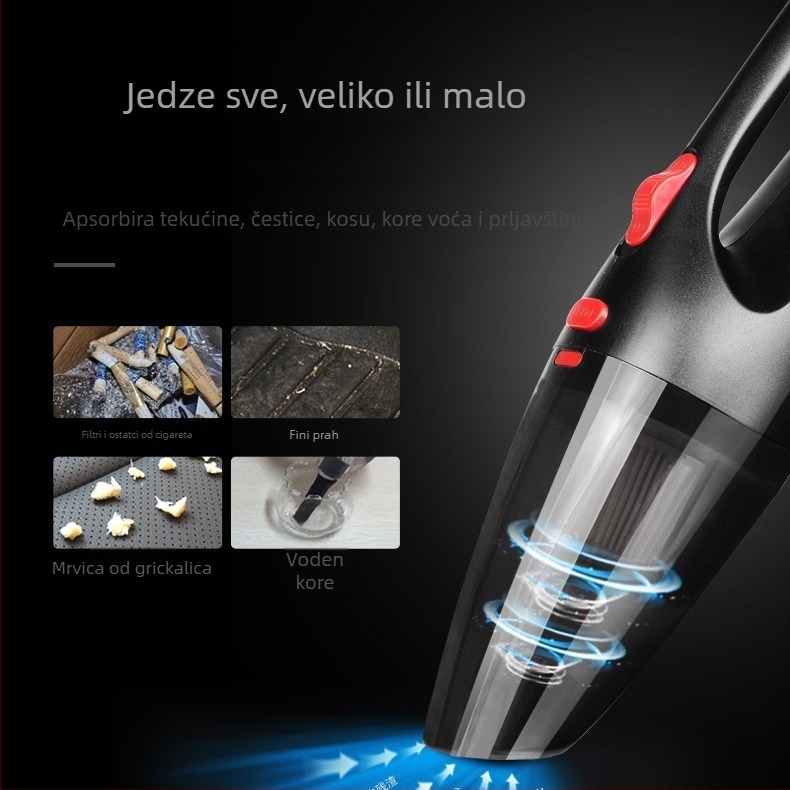 Prijenosni usisavač za automobil za mokro i suho čišćenje, snažan 120W, usis 20000 Pa, kabel duljine 200 cm, napajanje iz utičnice za cigaretu 12V, pogodan za auto i dom