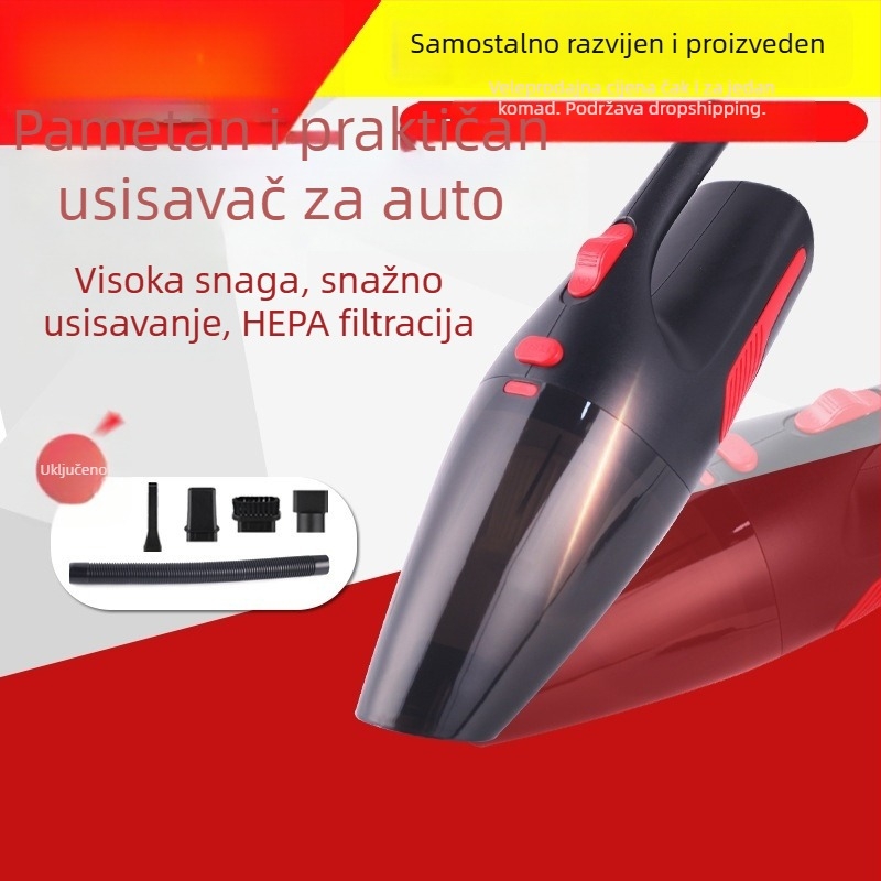 Prijenosni usisavač za automobil za mokro i suho čišćenje, snažan 120W, usis 20000 Pa, kabel duljine 200 cm, napajanje iz utičnice za cigaretu 12V, pogodan za auto i dom