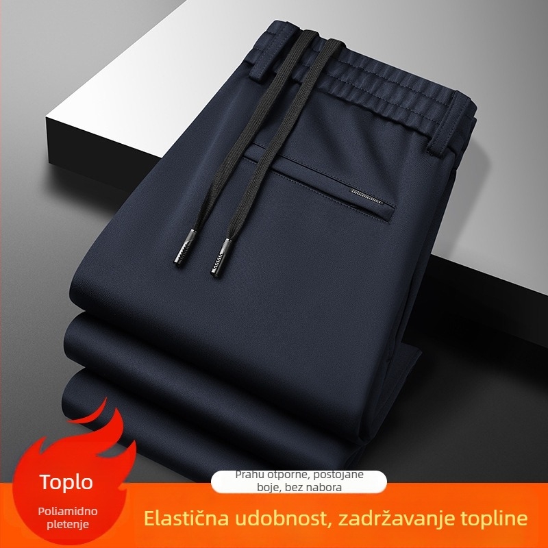 Muške hlače za poslovni casual stil, ravni kroj, visok pas, s pojasom, zatvaračem, materijal otporan na nabor