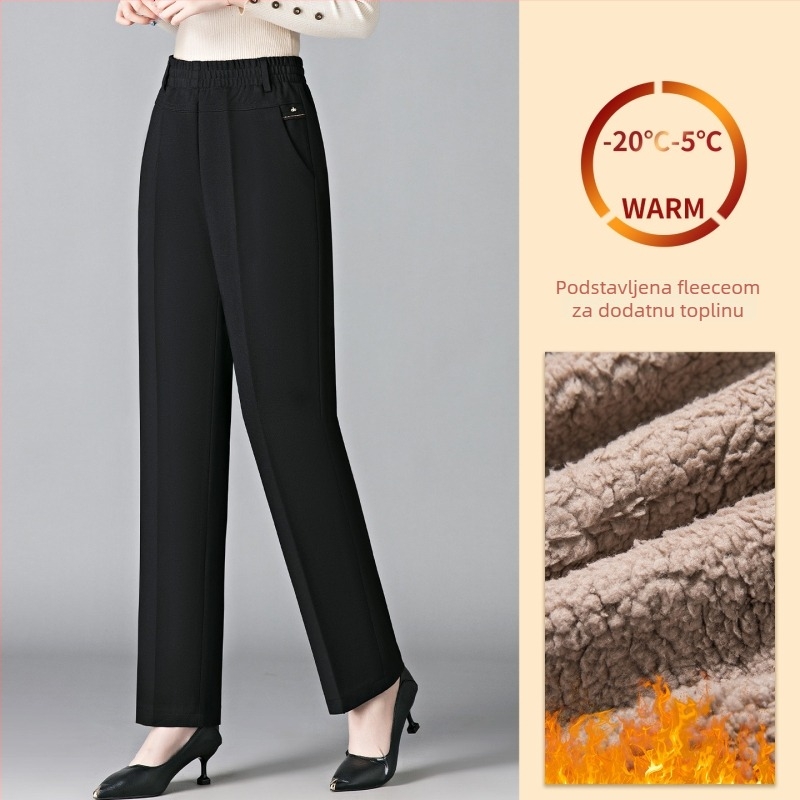 Datang Furong Ženske hlače od lamb fleece za zimu, udoban slobodan kroj, dugi ravni kroj, materijal: viskozna 50–70%, poliester 30–50%, spandex 2,4%