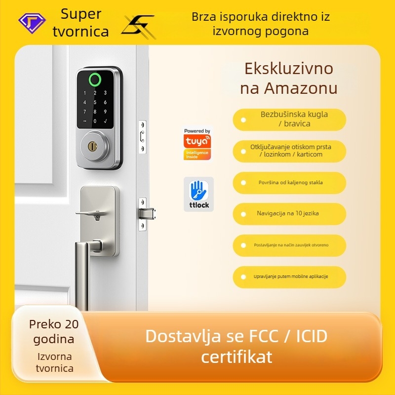 WiFi pametna brava za unutarnja drvena vrata — bez bušenja; načini otključavanja: otisak prsta, lozinka, kartica, ključ; skeniranje otiska 0.05 s; kapacitet pohrane otisaka 100; kućište od aluminijske legure