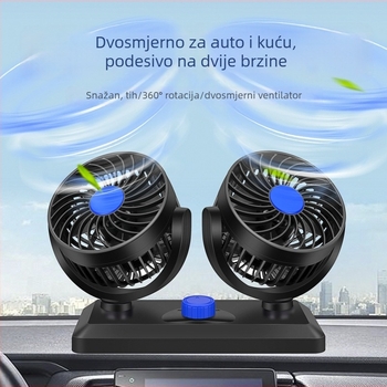 Dvostruki automobilni ventilator, 360° rotacija, kompatibilan s 12V/24V, USB 5V sučelje, model F30, snaga 120
