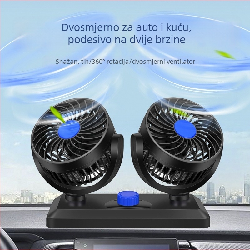 Dvostruki automobilni ventilator, 360° rotacija, kompatibilan s 12V/24V, USB 5V sučelje, model F30, snaga 120