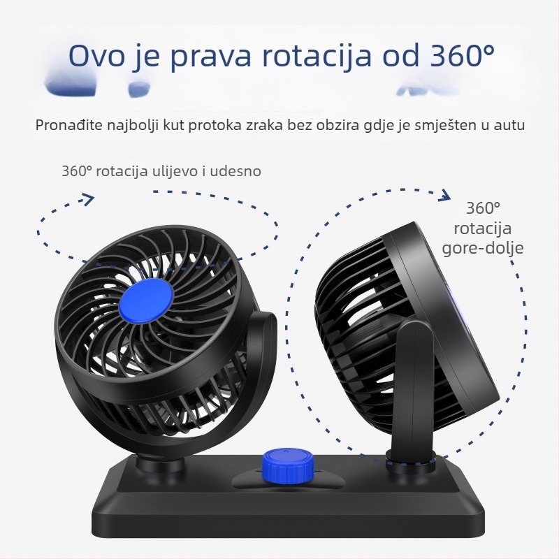 Dvostruki automobilni ventilator, 360° rotacija, kompatibilan s 12V/24V, USB 5V sučelje, model F30, snaga 120