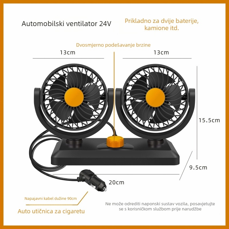 Dvostruki automobilni ventilator, 360° rotacija, kompatibilan s 12V/24V, USB 5V sučelje, model F30, snaga 120