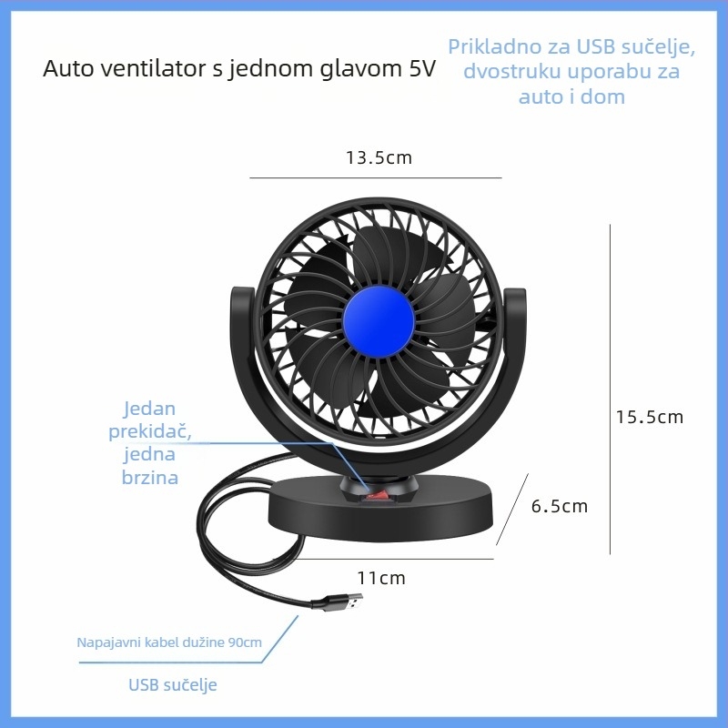 Dvostruki automobilni ventilator, 360° rotacija, kompatibilan s 12V/24V, USB 5V sučelje, model F30, snaga 120