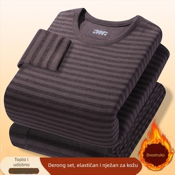 Unisex termalni set baznog sloja s prugama, gornji dio s okruglim izrezom i hlače, dvostruki sloj, 201-250 g/m², s velurom podstavom