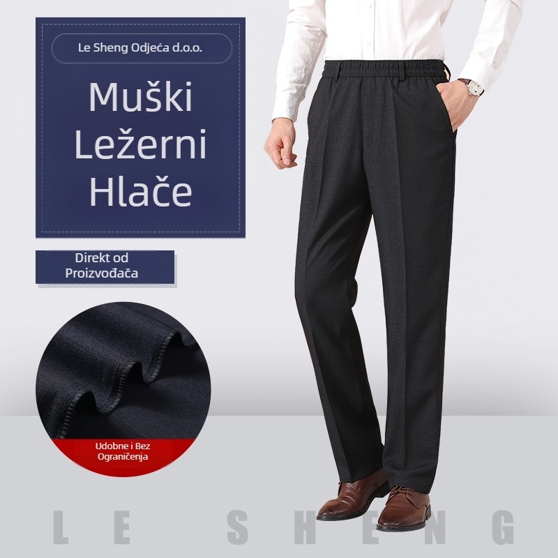 Muške hlače za proljeće-jesen, debeli poliester s elastikom, visok pas, ravni kroj, zip