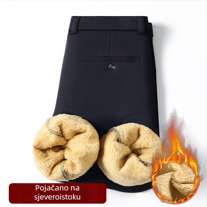 Muške hlače s fleec podstavom, četverostruko rastezanje, ravni kroj, srednje visoki struk, zip, pamučno-elastanska smjesa, zimska svakodnevna upotreba