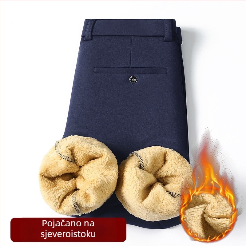 Muške hlače s fleec podstavom, četverostruko rastezanje, ravni kroj, srednje visoki struk, zip, pamučno-elastanska smjesa, zimska svakodnevna upotreba