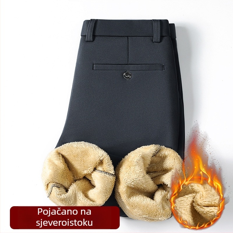 Muške hlače s fleec podstavom, četverostruko rastezanje, ravni kroj, srednje visoki struk, zip, pamučno-elastanska smjesa, zimska svakodnevna upotreba
