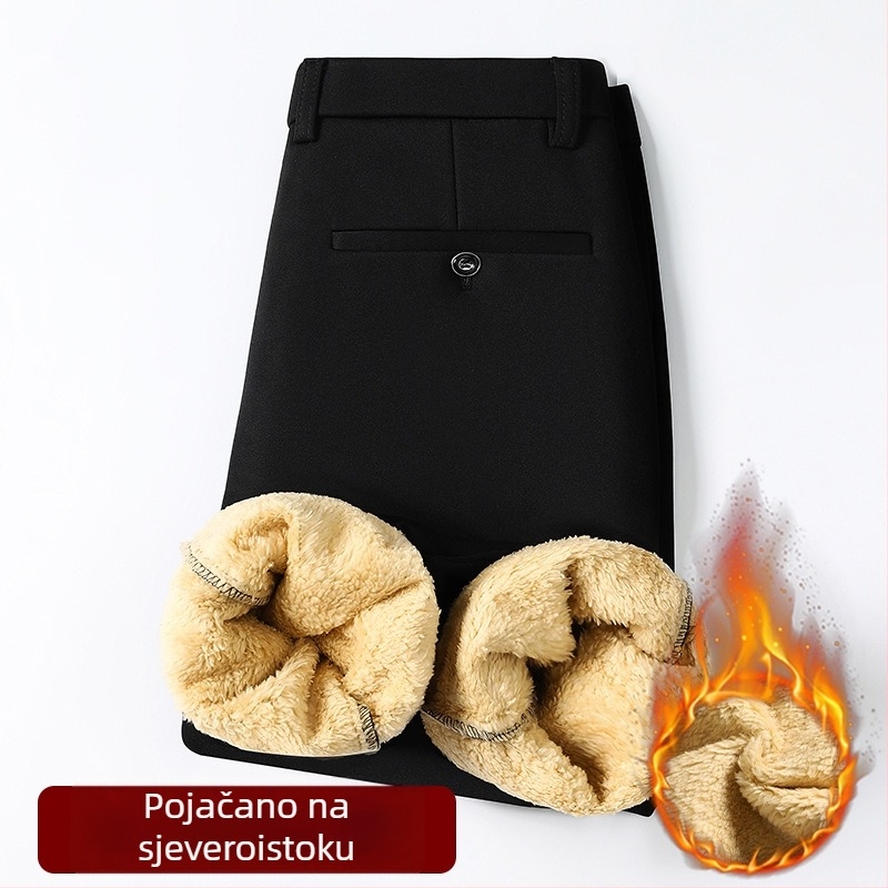 Muške hlače s fleec podstavom, četverostruko rastezanje, ravni kroj, srednje visoki struk, zip, pamučno-elastanska smjesa, zimska svakodnevna upotreba