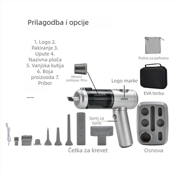 Prijenosni bežični ručni usisavač s brushless motorom, 11.1V, 120W, 20000 Pa, 40 min, 78 dB, za kuću i auto, punjiv