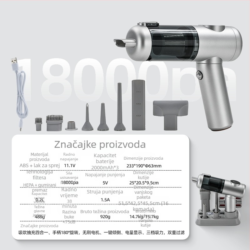 Prijenosni bežični ručni usisavač s brushless motorom, 11.1V, 120W, 20000 Pa, 40 min, 78 dB, za kuću i auto, punjiv