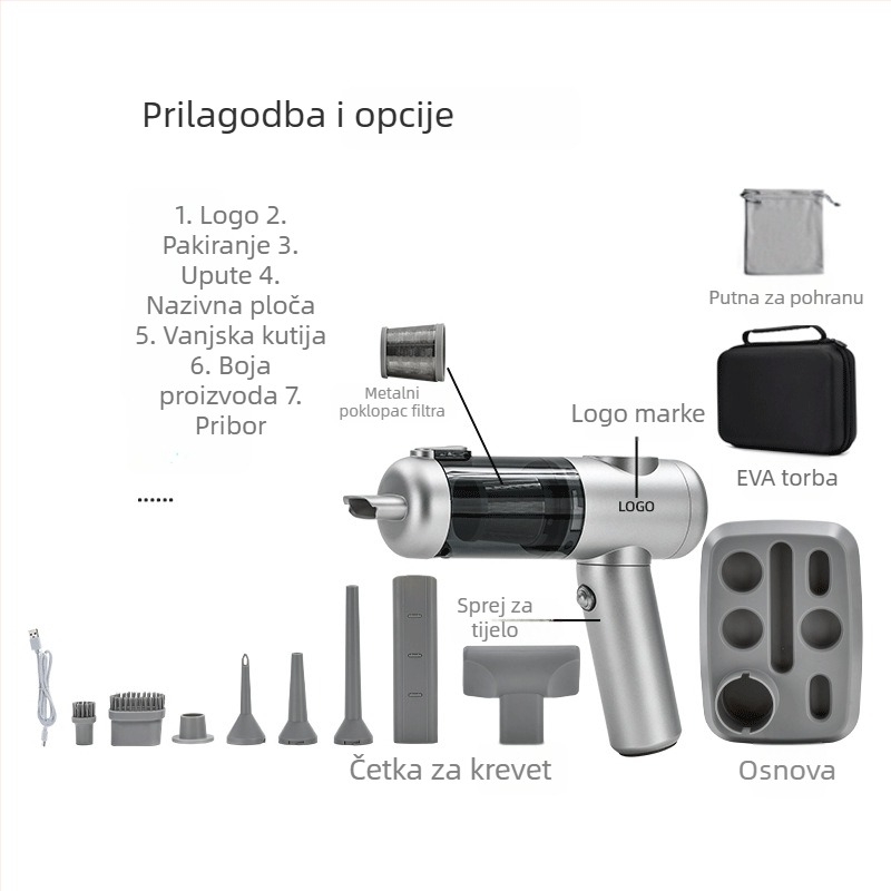 Prijenosni bežični ručni usisavač s brushless motorom, 11.1V, 120W, 20000 Pa, 40 min, 78 dB, za kuću i auto, punjiv