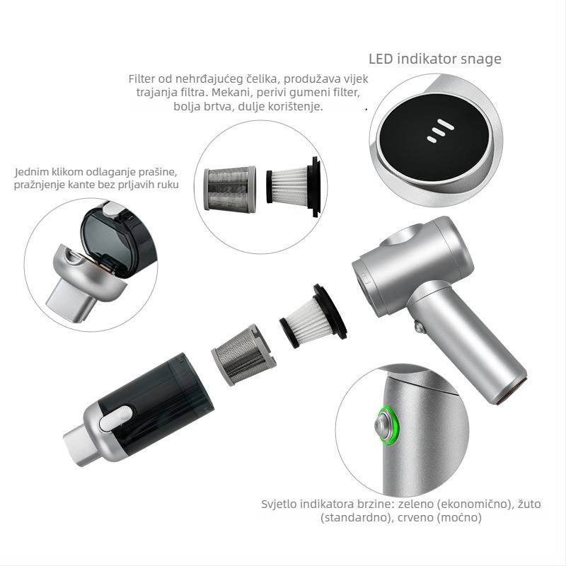 Prijenosni bežični ručni usisavač s brushless motorom, 11.1V, 120W, 20000 Pa, 40 min, 78 dB, za kuću i auto, punjiv