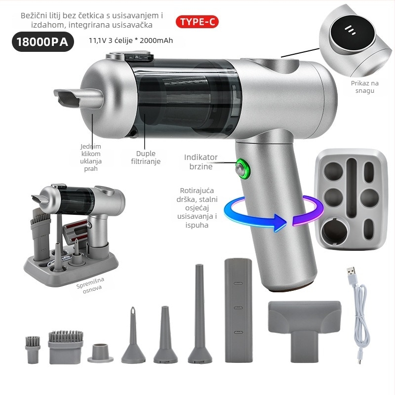 Prijenosni bežični ručni usisavač s brushless motorom, 11.1V, 120W, 20000 Pa, 40 min, 78 dB, za kuću i auto, punjiv