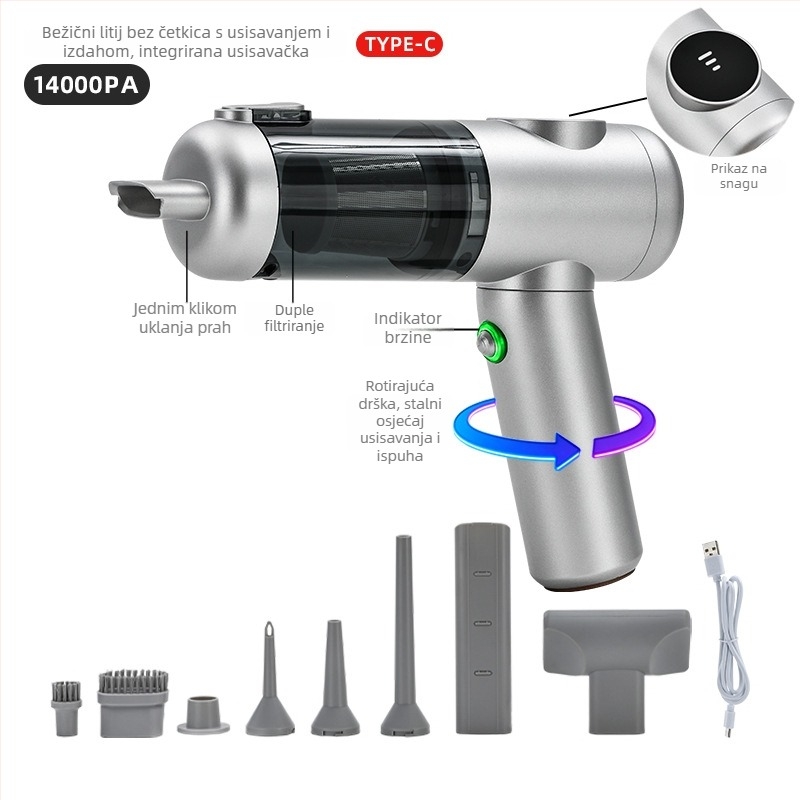Prijenosni bežični ručni usisavač s brushless motorom, 11.1V, 120W, 20000 Pa, 40 min, 78 dB, za kuću i auto, punjiv