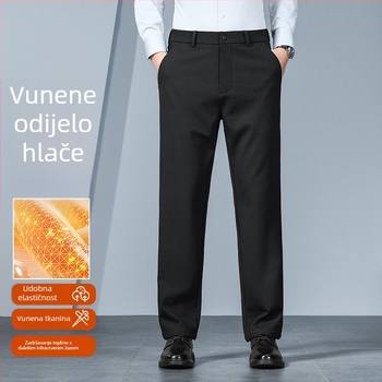 Muške ravne hlače za zimu, elastičan pas, zatvarač, fleece podstava, debeli poliester materijal, za muškarce srednje dobi