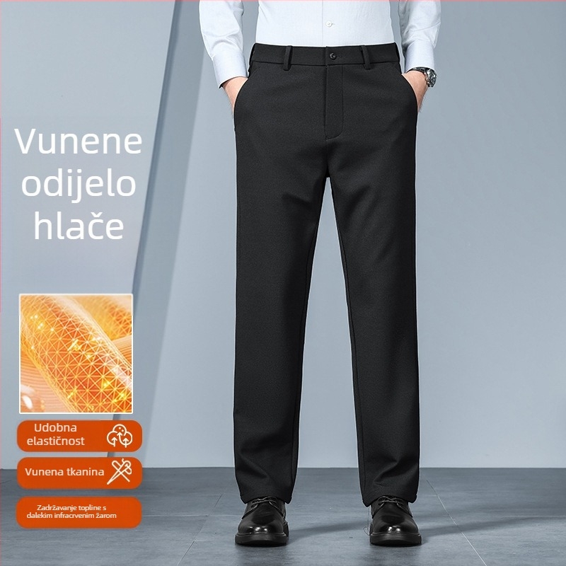 Muške ravne hlače za zimu, elastičan pas, zatvarač, fleece podstava, debeli poliester materijal, za muškarce srednje dobi