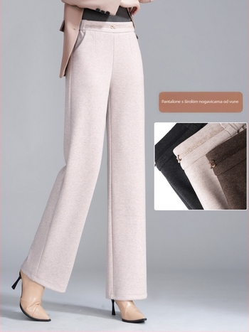 Ženske pantalone visokog stupa, od vune i smjese, široke, debela tkanina, patchwork detalj, jesen 2025