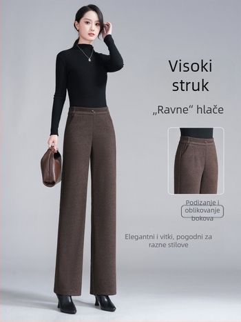Ženske pantalone visokog stupa, od vune i smjese, široke, debela tkanina, patchwork detalj, jesen 2025