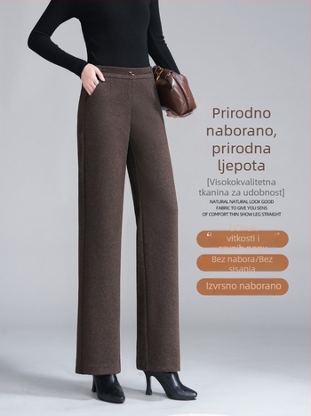 Ženske pantalone visokog stupa, od vune i smjese, široke, debela tkanina, patchwork detalj, jesen 2025