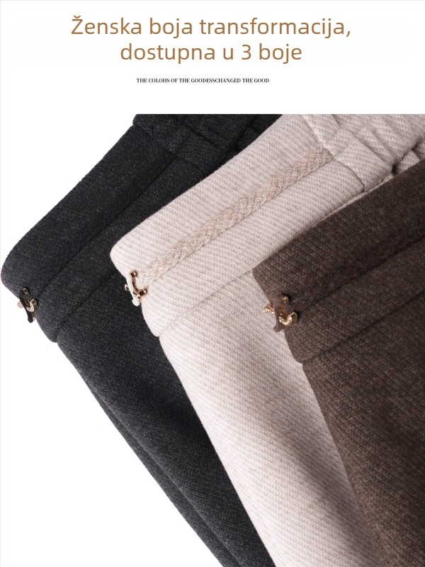 Ženske pantalone visokog stupa, od vune i smjese, široke, debela tkanina, patchwork detalj, jesen 2025