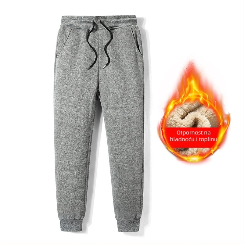 Muške zimske casual hlače s fleece podstavom od janjeće vune, srednji pojas, vezanje šnoru, poliester, ravni kroj