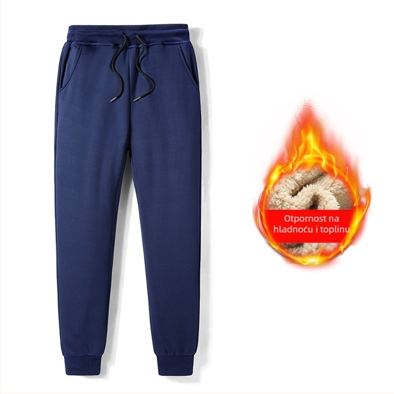 Muške zimske casual hlače s fleece podstavom od janjeće vune, srednji pojas, vezanje šnoru, poliester, ravni kroj