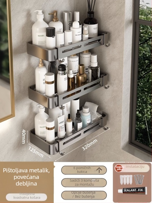 Trokatni zidni regač za kupaonicu – aluminijska legura, površina: sprej plastika, nosivost 10 kg, 1–3 razine, stil: lagani luksuz