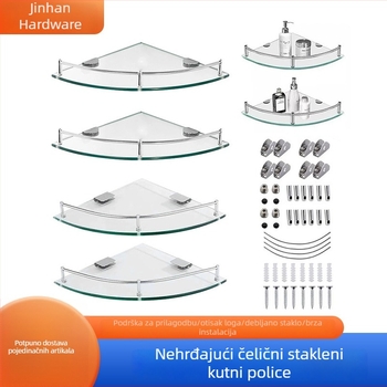 Trokutasti stakleni kupaonski stalak za kutni zid, jednoslojni, polirani završni sloj, nosivost 1–5 kg