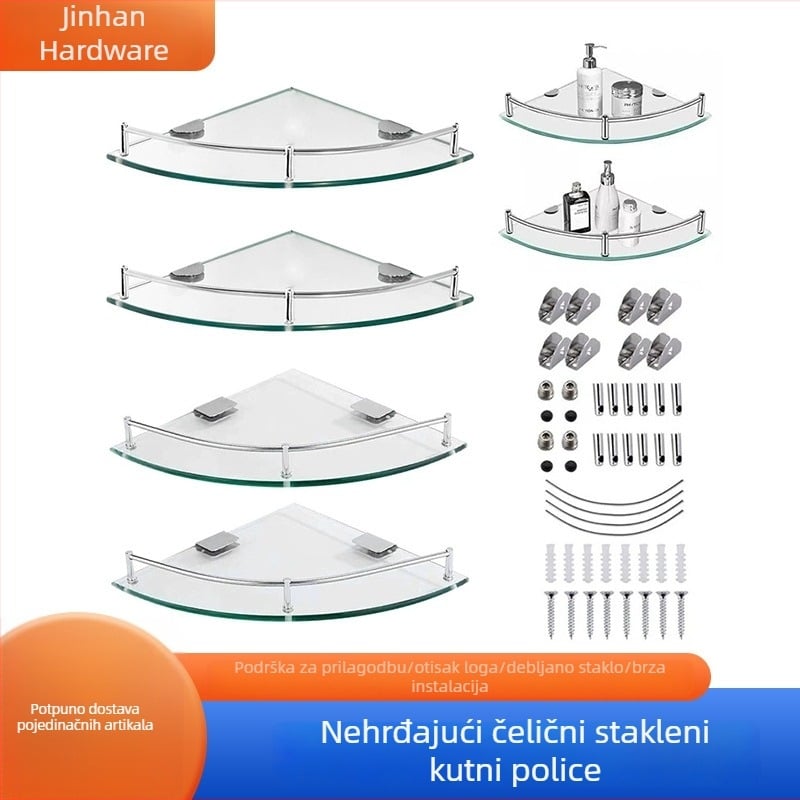 Trokutasti stakleni kupaonski stalak za kutni zid, jednoslojni, polirani završni sloj, nosivost 1–5 kg
