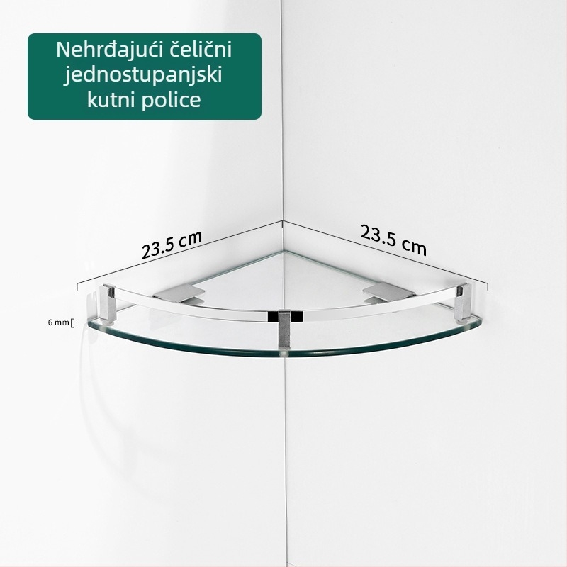 Trokutasti stakleni kupaonski stalak za kutni zid, jednoslojni, polirani završni sloj, nosivost 1–5 kg