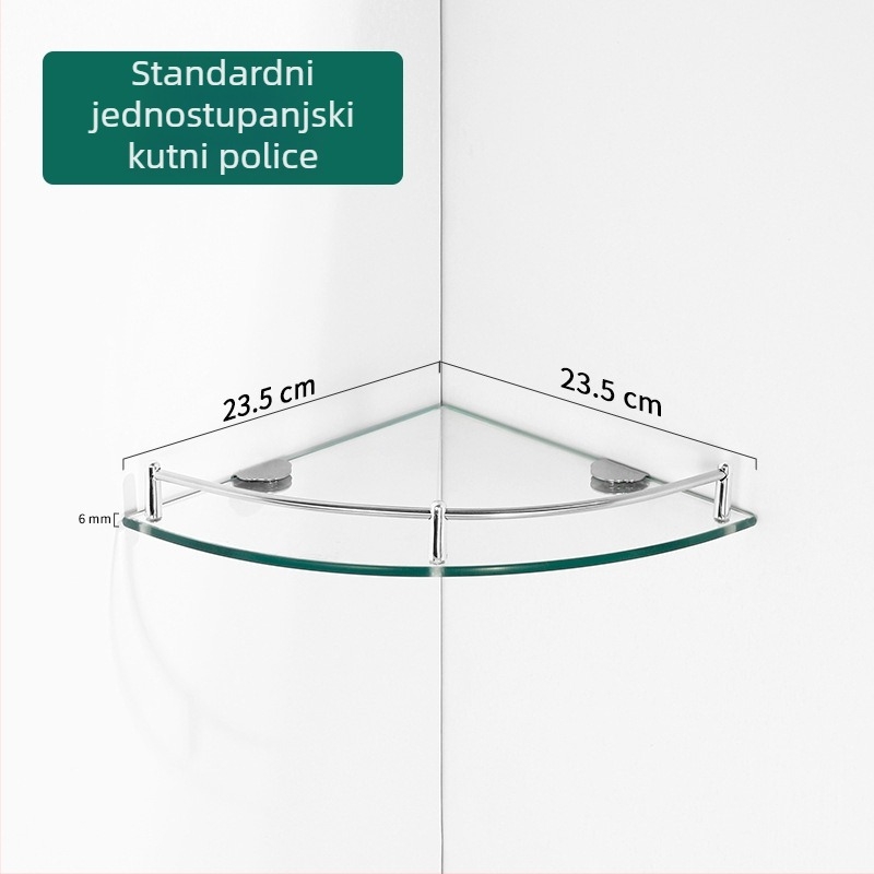 Trokutasti stakleni kupaonski stalak za kutni zid, jednoslojni, polirani završni sloj, nosivost 1–5 kg