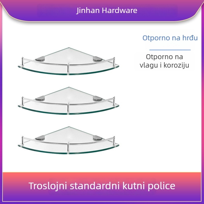 Trokutasti stakleni kupaonski stalak za kutni zid, jednoslojni, polirani završni sloj, nosivost 1–5 kg