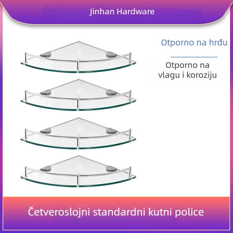 Trokutasti stakleni kupaonski stalak za kutni zid, jednoslojni, polirani završni sloj, nosivost 1–5 kg
