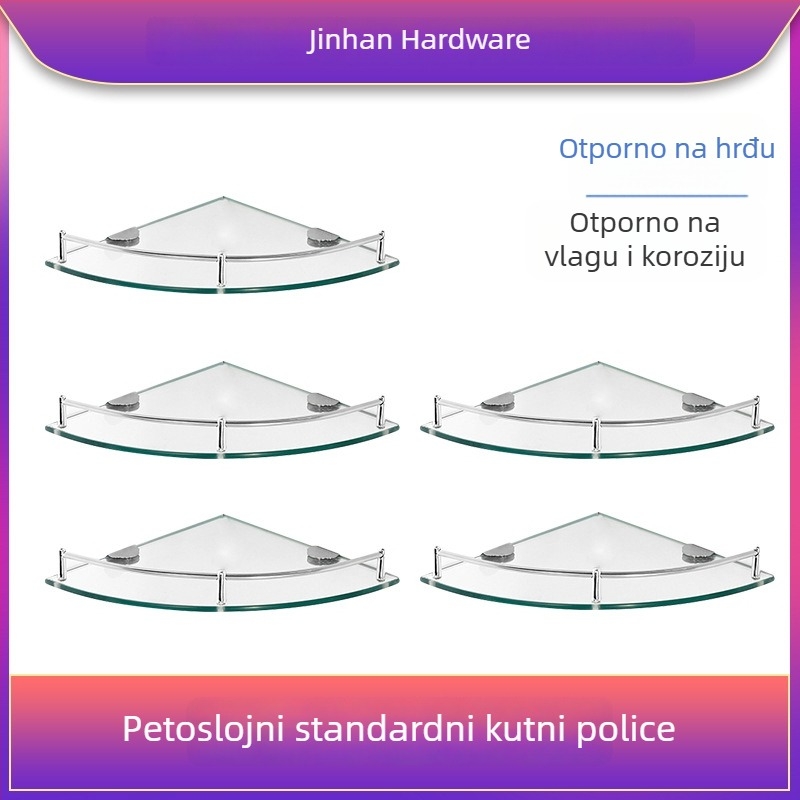 Trokutasti stakleni kupaonski stalak za kutni zid, jednoslojni, polirani završni sloj, nosivost 1–5 kg