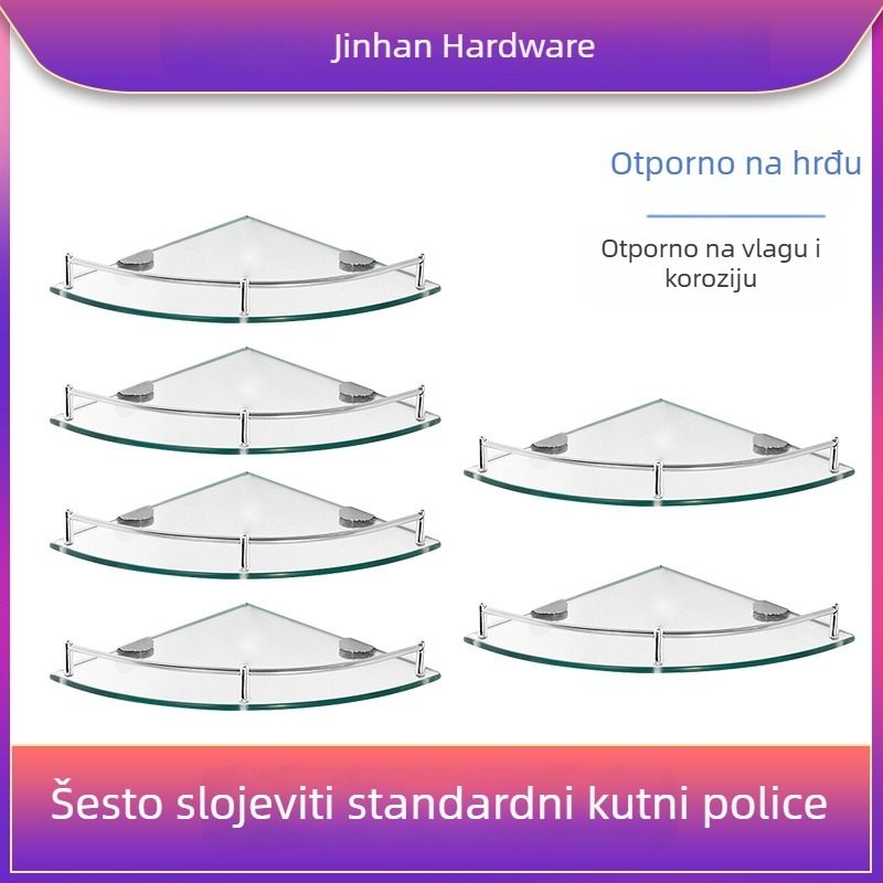 Trokutasti stakleni kupaonski stalak za kutni zid, jednoslojni, polirani završni sloj, nosivost 1–5 kg