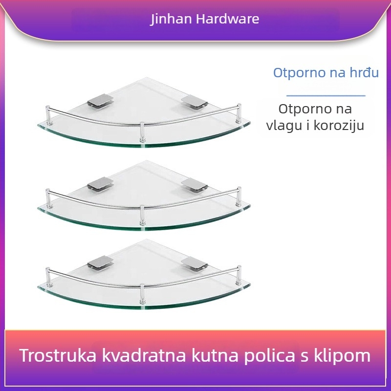 Trokutasti stakleni kupaonski stalak za kutni zid, jednoslojni, polirani završni sloj, nosivost 1–5 kg