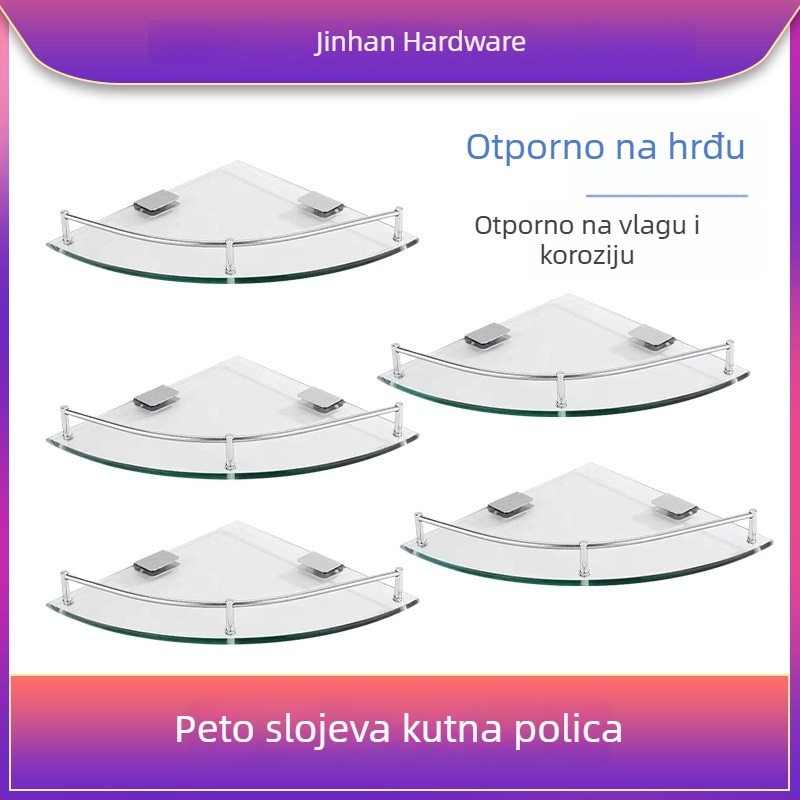 Trokutasti stakleni kupaonski stalak za kutni zid, jednoslojni, polirani završni sloj, nosivost 1–5 kg