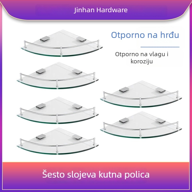 Trokutasti stakleni kupaonski stalak za kutni zid, jednoslojni, polirani završni sloj, nosivost 1–5 kg